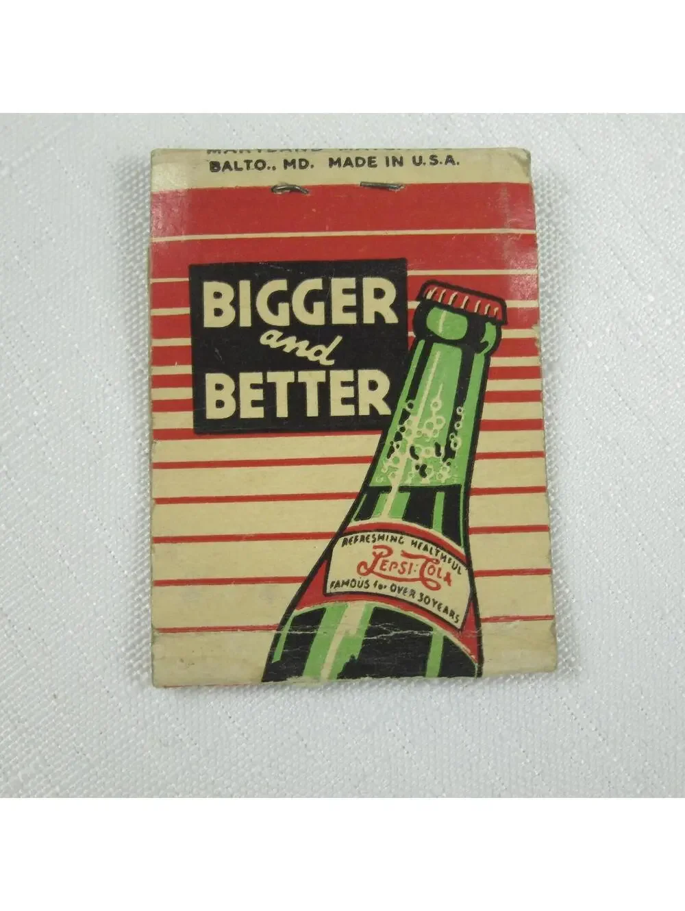 Vintage 1930s Matchbook Cover Pepsi Cola Double Dot Green Bottle Bigger Better
